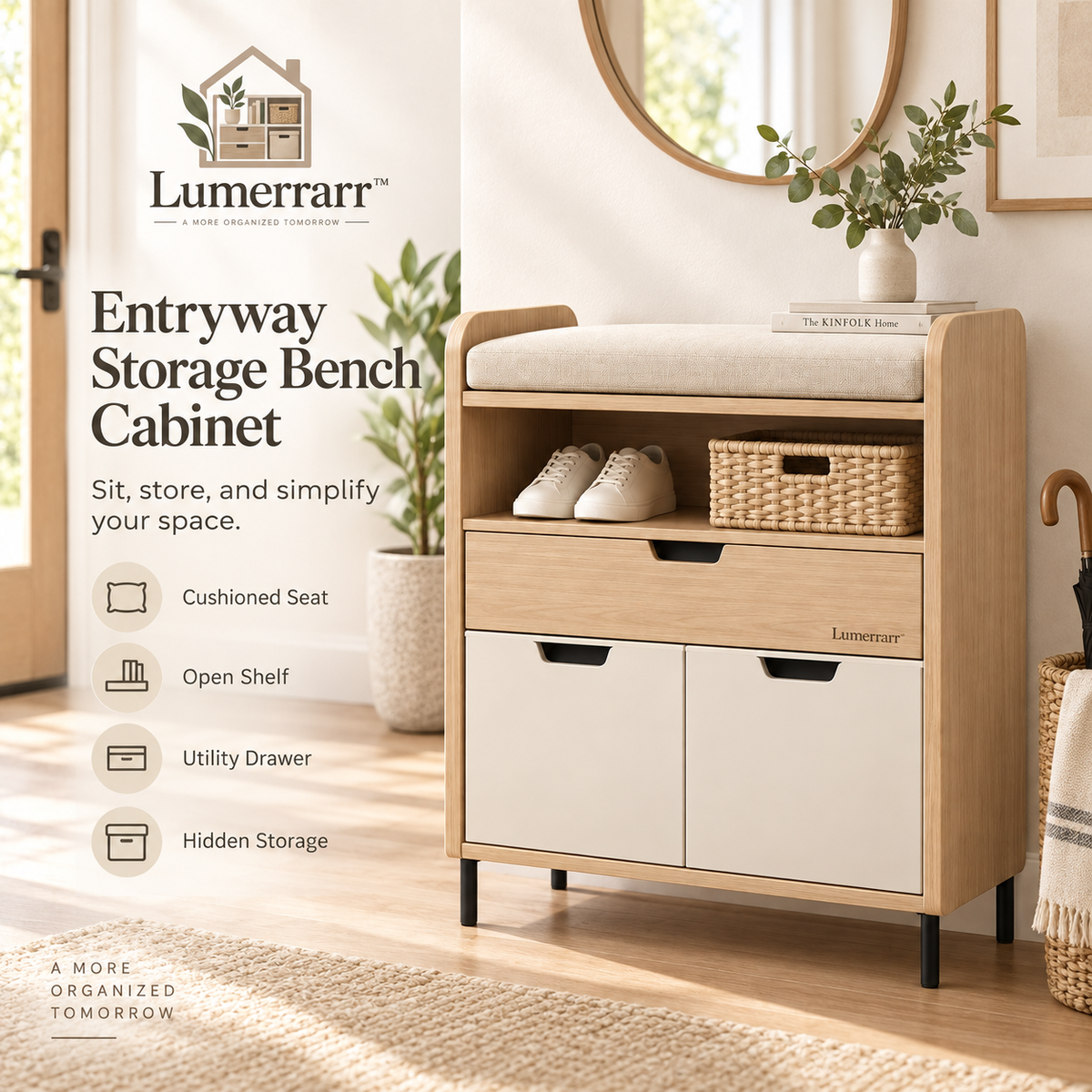 Lumerrarr™ Entryway Storage Bench Cabinet | Cushioned Seat Bench with Hidden Storage & Shoe Organizer