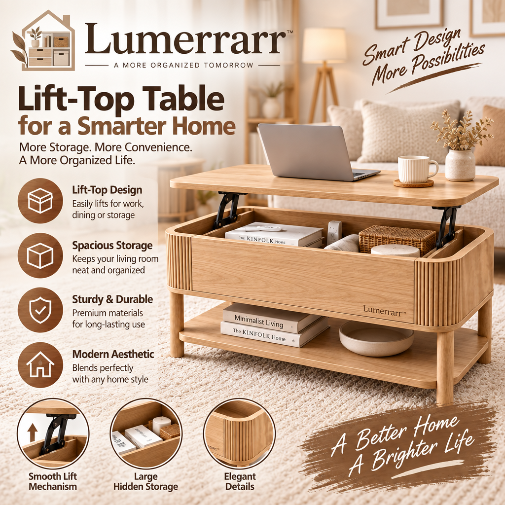 Lumerrarr™ Lift-Top Storage Coffee Table | Hidden Compartment Coffee Table with Modern Oak Finish