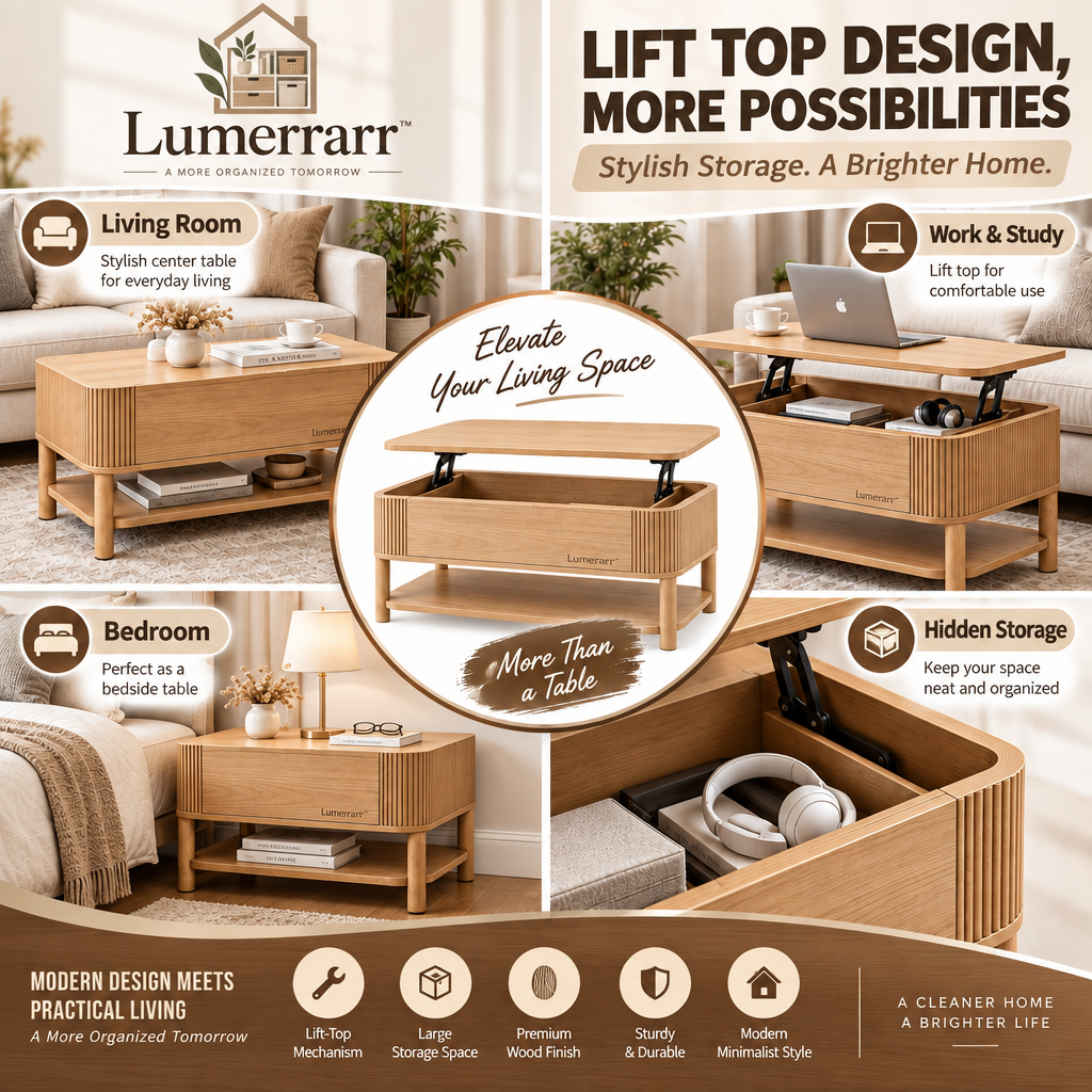 Lumerrarr™ Lift-Top Storage Coffee Table | Hidden Compartment Coffee Table with Modern Oak Finish