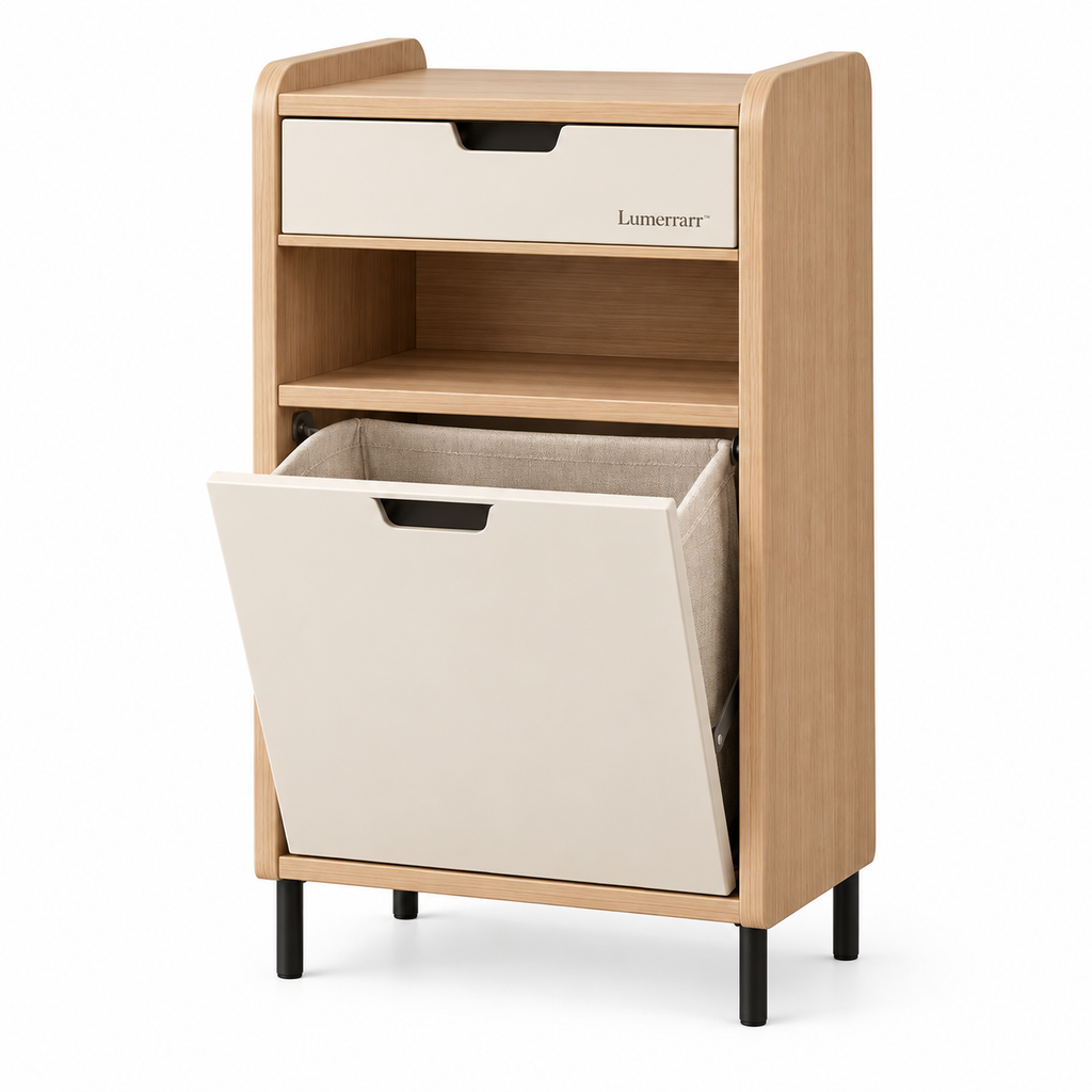 Lumerrarr™ Laundry Storage Cabinet | Modern Laundry Organizer with Tilt-Out Hamper, Drawer & Open Shelf