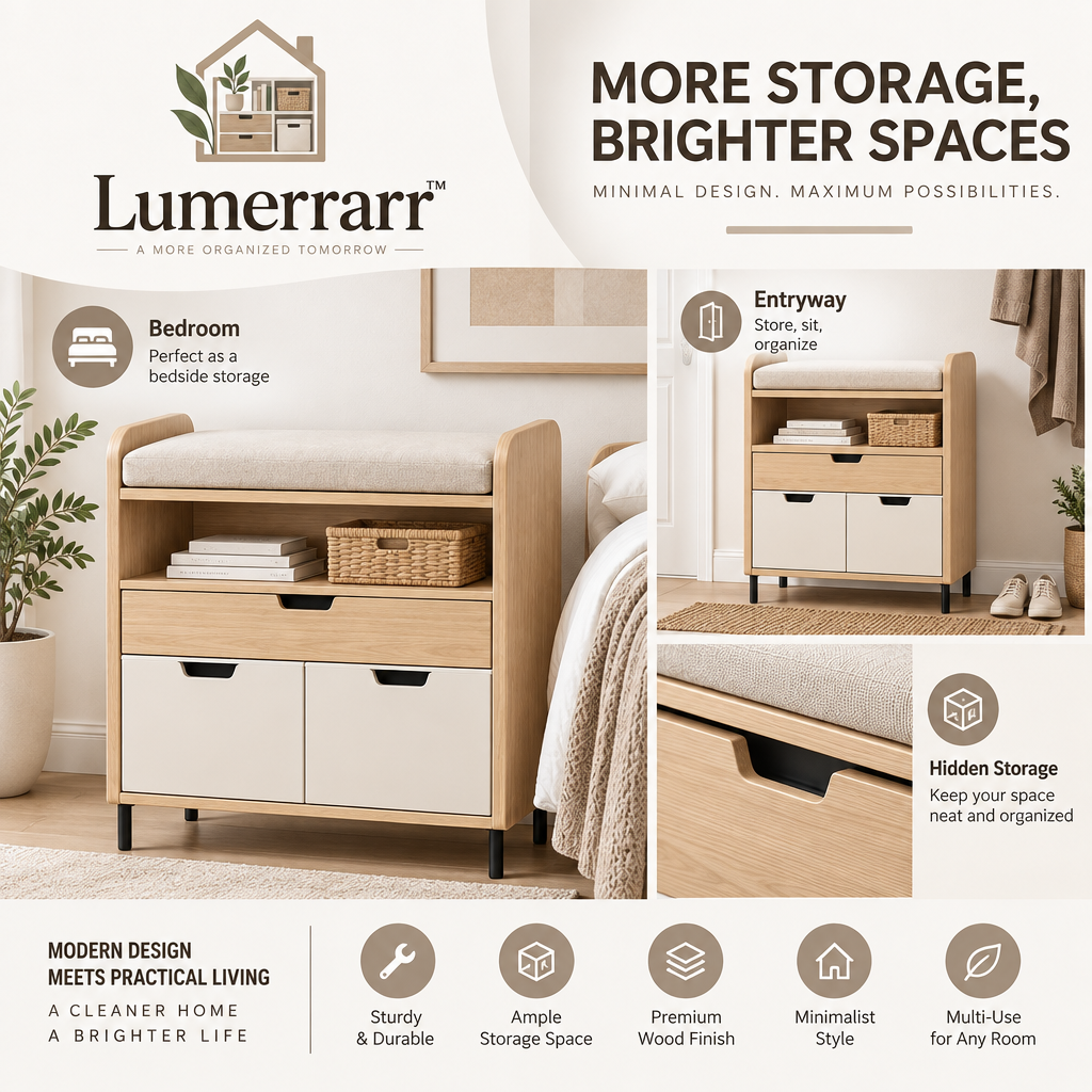 Lumerrarr™ Entryway Storage Bench Cabinet | Cushioned Seat Bench with Hidden Storage & Shoe Organizer
