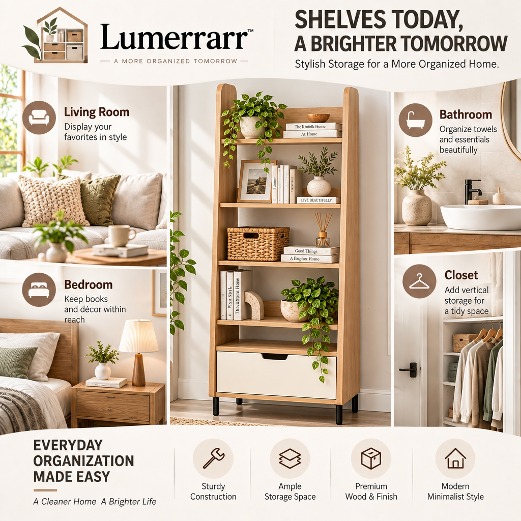 Lumerrarr™ Ladder Shelf Organizer | Modern Open Storage Shelf with Bottom Cabinet Drawer for Home Organization