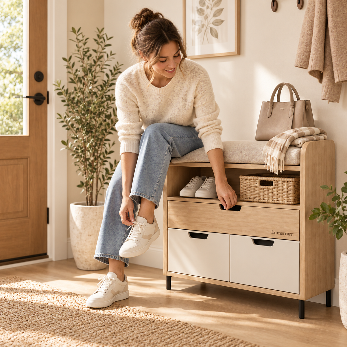 Lumerrarr™ Entryway Storage Bench Cabinet | Cushioned Seat Bench with Hidden Storage & Shoe Organizer