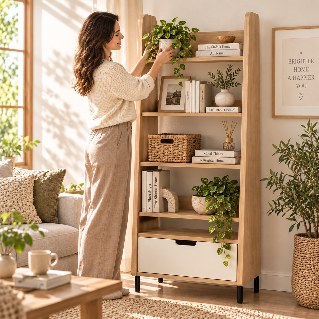 Lumerrarr™ Ladder Shelf Organizer | Modern Open Storage Shelf with Bottom Cabinet Drawer for Home Organization