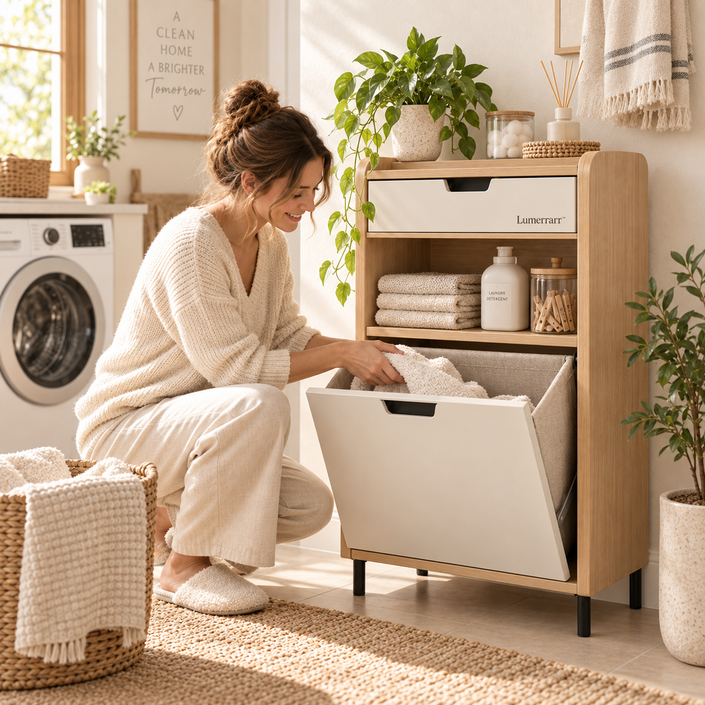 Lumerrarr™ Laundry Storage Cabinet | Modern Laundry Organizer with Tilt-Out Hamper, Drawer & Open Shelf