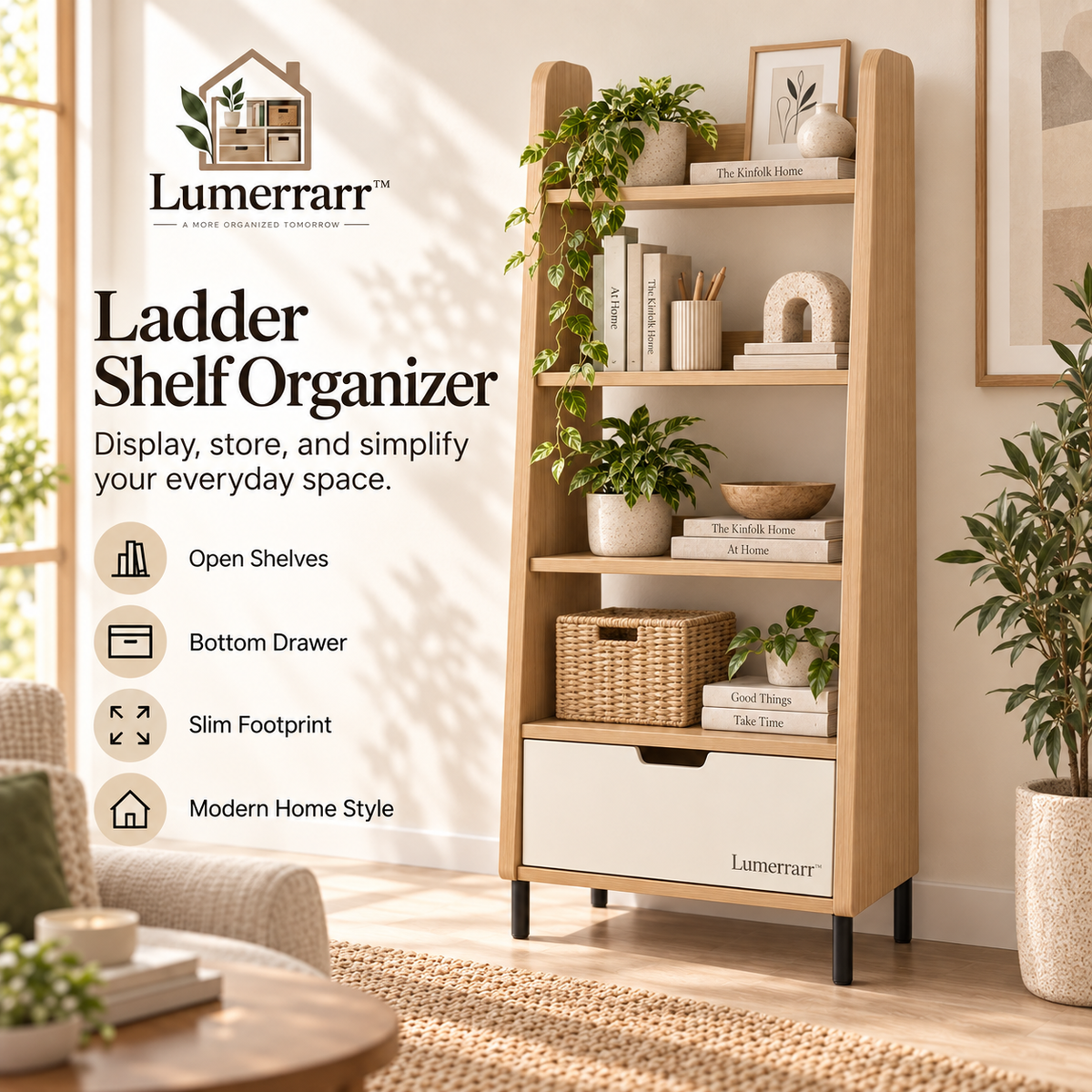 Lumerrarr™ Ladder Shelf Organizer | Modern Open Storage Shelf with Bottom Cabinet Drawer for Home Organization