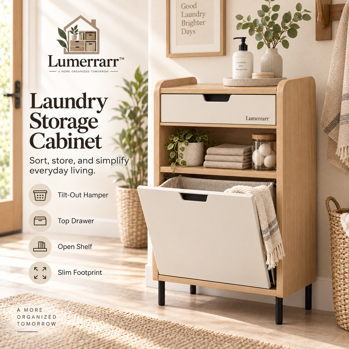Lumerrarr™ Laundry Storage Cabinet | Modern Laundry Organizer with Tilt-Out Hamper, Drawer & Open Shelf
